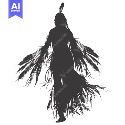 Aset desain premium: Silhouette of a Native American Woman in Traditional Dress with Feathe