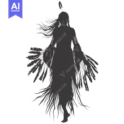 Popular premium asset: Silhouette of a Native American Woman in Traditional Dress with Feathe
