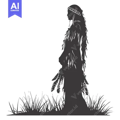 Aset premium populer: Silhouette of a Native American Woman with Feathers in Grass