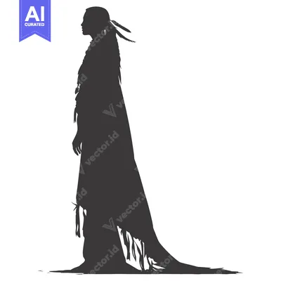 Aset desain premium: Silhouette of a Native American Woman in Traditional Clothing