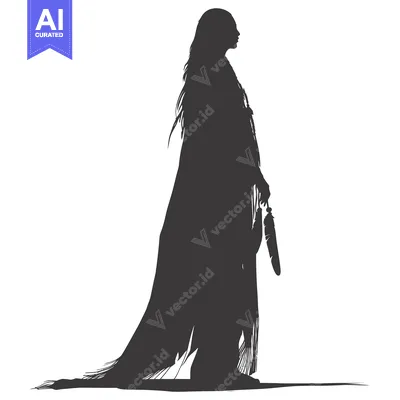 Aset desain premium: Silhouette of a Woman with Long Hair and a Feather in Her Hand