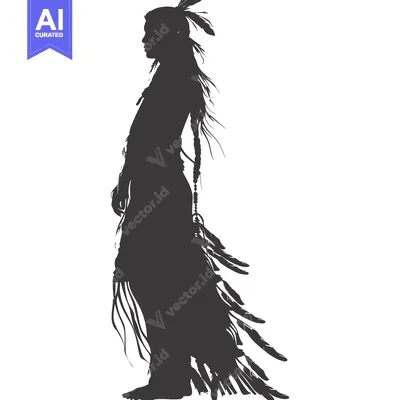 Aset desain premium: Silhouette of a Native American Person with Feathers and Braids