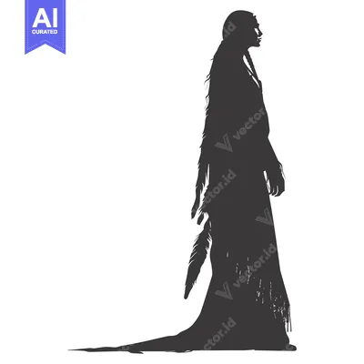 Aset desain premium: Silhouette of a Native American Woman in Traditional Dress