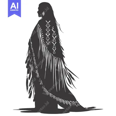 Aset desain premium: Silhouette of a Native American Woman Wearing Traditional Clothing