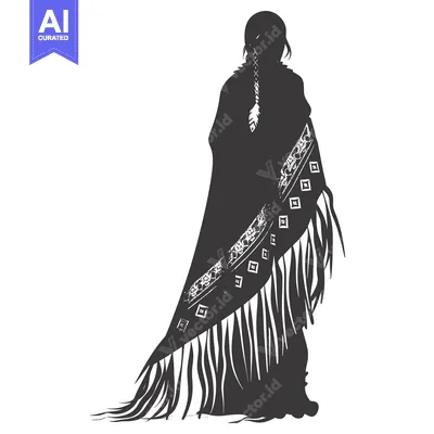 Aset desain premium: Silhouette of a Woman Wearing a Patterned Fringed Shawl