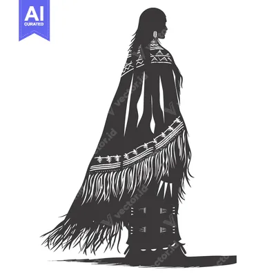 Aset premium populer: Silhouette of a Woman Wearing a Native American Blanket with Fringes