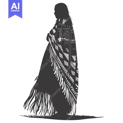 Aset desain premium: Silhouette of a Woman Wearing a Fringed Blanket with a Geometric Patte