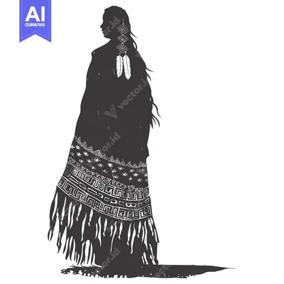 Aset desain premium: Silhouette of a Native American Woman in Traditional Clothing