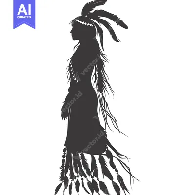 Aset desain premium: Silhouette of a Native American Woman with Feathers and Beads