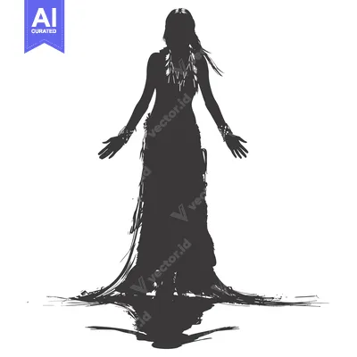 Aset desain premium: Silhouette of a Woman in a Flowing Dress with Long Hair