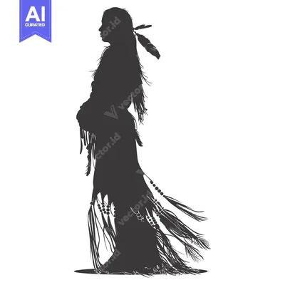 Aset desain premium: Silhouette of a Native American Woman with Feathers and Beads