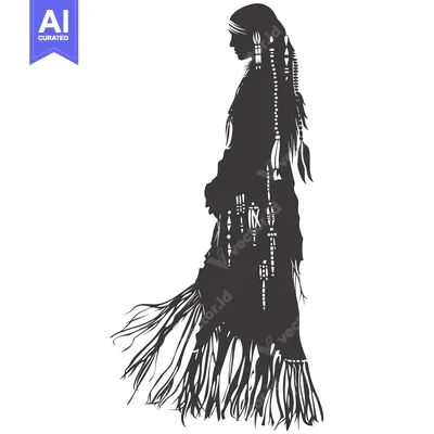 Aset premium populer: Silhouette of a Native American Woman with Long Hair and Traditional D