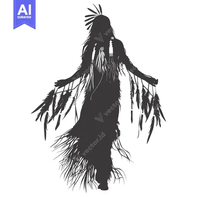 Silhouette of a Native American Woman in Traditional Dress with Feathe