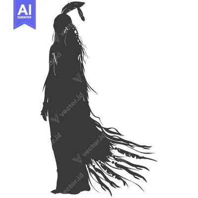 Aset premium populer: Silhouette of a Native American Woman with Long Hair and Feathers