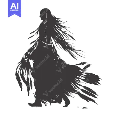 Silhouette of a Native American Woman with Long Flowing Hair and Feath