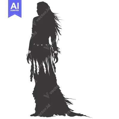 Aset desain premium: Silhouette of a Woman with Long Hair and Feathered Skirt