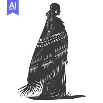 Aset desain premium: Silhouette of a Native American Woman Wearing a Blanket