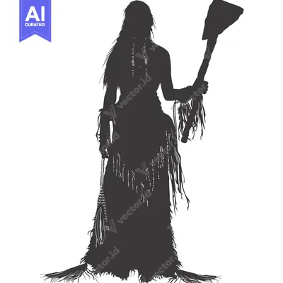 Aset desain premium: Silhouette of a Native American Woman Holding a Tomahawk