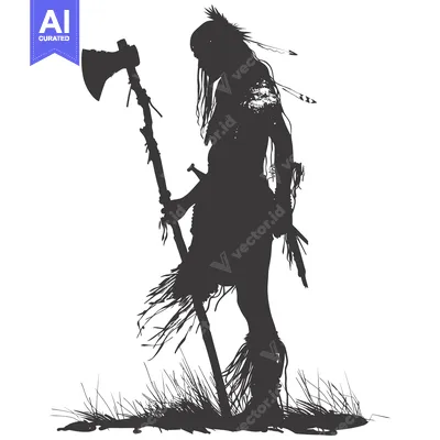 Aset premium populer: Silhouette of a Native American Warrior Holding an Axe
