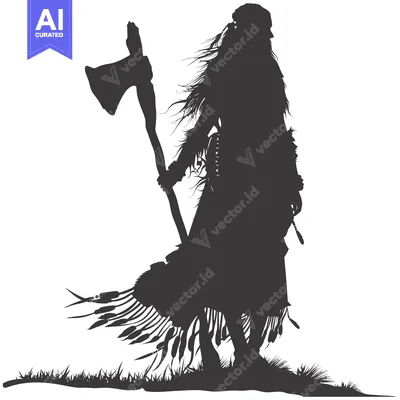 Aset premium populer: Silhouette of a Native American Warrior Holding an Axe