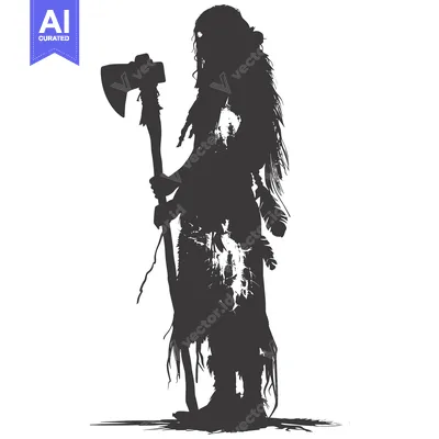 Aset desain premium: Silhouette of a Primitive Woman Holding an Axe