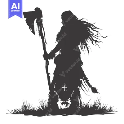 Aset desain premium: Silhouette of a Woman Warrior Holding an Axe in Grass