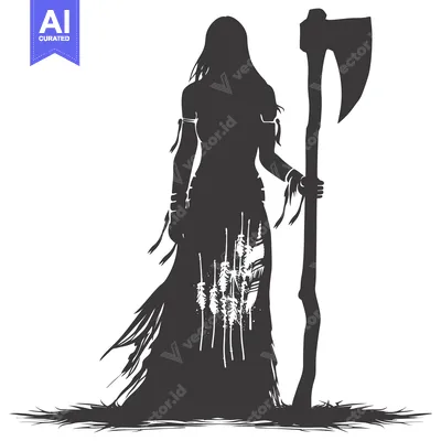 Aset desain premium: Silhouette of a Warrior Woman Holding an Axe