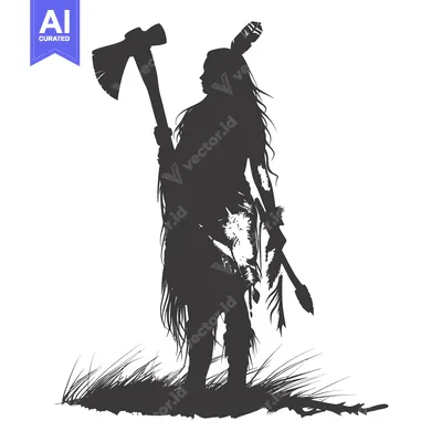 Premium design asset: Silhouette of an Indigenous Person Holding an Axe in Grass