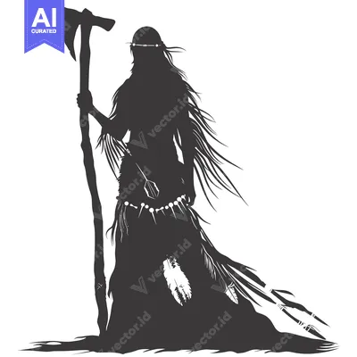 Aset premium populer: Silhouette of a Native American Woman Holding an Axe and Arrows