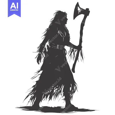 Aset desain premium: Silhouette of a Native American Warrior Holding an Axe