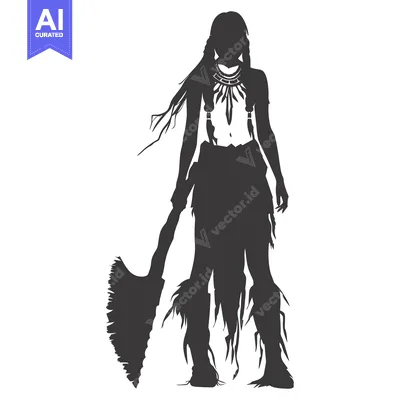 Aset premium populer: Silhouette of a Native American Woman Holding a Tomahawk