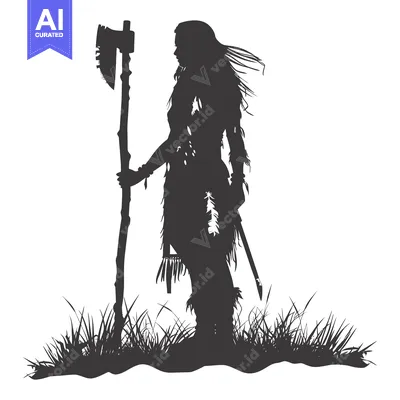 Aset desain premium: Silhouette of a Woman Holding an Axe Standing in Tall Grass