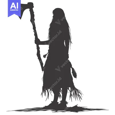 Aset premium populer: Silhouette of a Woman Holding an Axe with Long Hair and a Grass Skirt