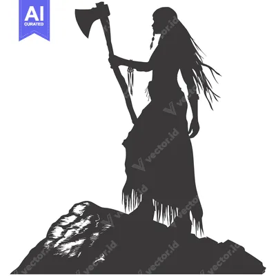 Aset desain premium: Silhouette of a Native American Woman Holding an Axe on a Mountaintop