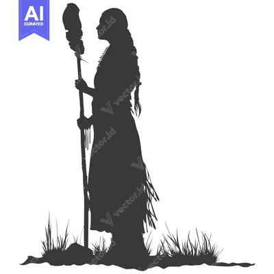 Aset desain premium: Silhouette of a Native American Woman Holding a Staff
