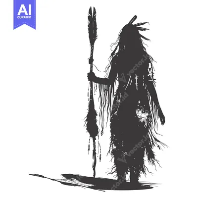 Aset desain premium: Silhouette of a Native American Shaman Holding a Staff