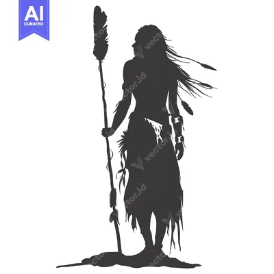 Premium design asset: Silhouette of a Native American Woman Holding a Staff Adorned with Fea
