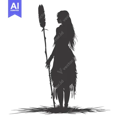 Silhouette of a Native American Woman Holding a Staff with Feathers