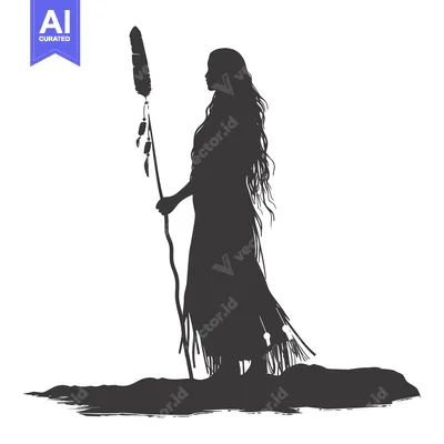 Aset desain premium: Silhouette of a Native American Woman Holding a Feathered Staff