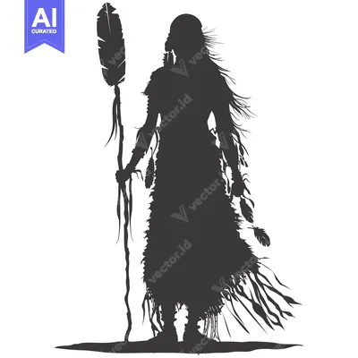 Aset premium populer: Silhouette of a Native American Woman Holding a Staff with Feathers