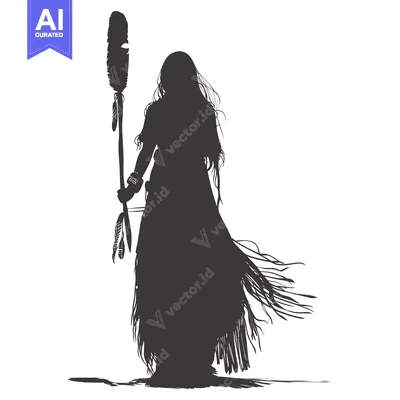 Silhouette of a Native American Woman Holding a Feather Staff