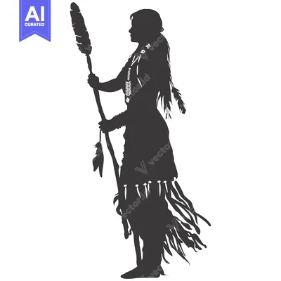 Silhouette of a Native American Woman Holding a Staff with Feathers