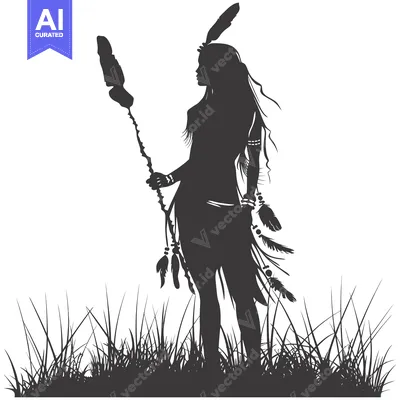 Aset desain premium: Silhouette of a Native American Woman Holding a Staff with Feathers