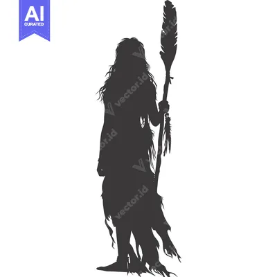 Premium design asset: Silhouette of a Woman Holding a Staff with Feathers