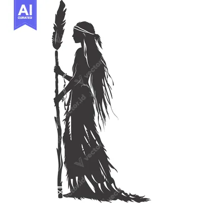 Aset desain premium: Silhouette of a Native American Woman Holding a Feather Staff