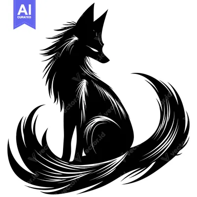 Aset premium populer: Black and White Silhouette of a Sitting Fox with a Long, Feathery Tail