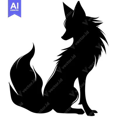 Black silhouette of a fox sitting with its tail curled behind it.