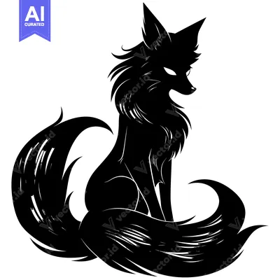 Premium design asset: Black and White Silhouette of a Sitting Fox with a Large, Fluffy Tail