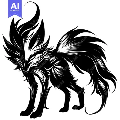 Aset desain premium: Stylized Black and White Illustration of a Fox with a Large Bushy Tail