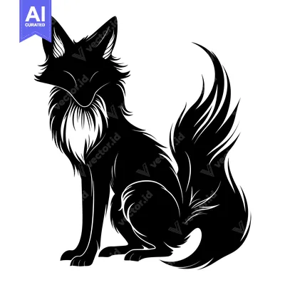 Aset premium populer: Black and White Silhouette of a Sitting Fox with a Large, Flowing Tail